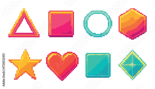 Colorful neon geometric pixel shapes on dark background
