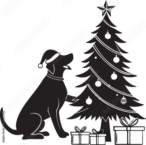 Vector silhouette of a playful dog wearing a Santa hat