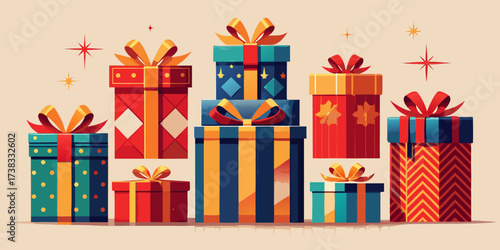 Colorful Christmas gift boxes set with ribbons and bows illustration for holiday celebration decoration