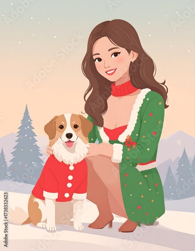 Woman and dog in festive attire, snowy landscape