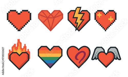 Pixel art hearts: diversity and expression in eight colorful designs