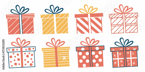 A vibrant set of vector gift boxes with colorful ribbons and bows for Christmas, birthday, and holiday celebrations