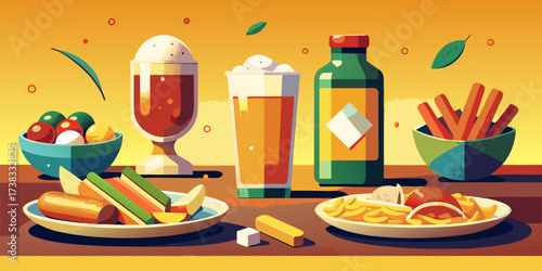 A set of food and drink illustrations with coffee cups, milk glasses, wine bottles, bread, cheese, fruit, juice, cake, and breakfast meal icons