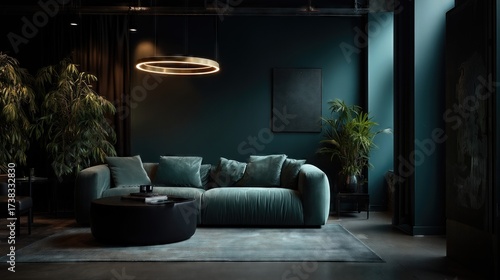 Stylish teal living room with sofa, round table, and glowing lamp.