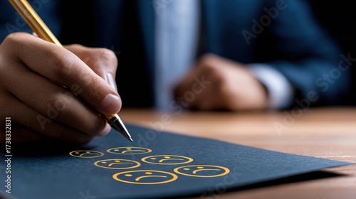 A business professional evaluates feedback with a pen, focusing on emoticons on a paper sheet
