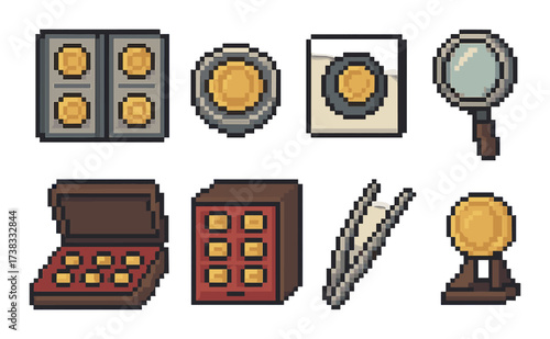 Retro pixel art coins and vintage collector items on gradient background