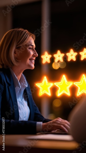 Professional woman smiling while reviewing glowing feedback on her laptop in a cozy, modern office setting