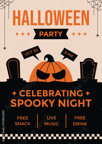 Spooky Halloween party poster in retro style featuring a dark graveyard silhouette, spider webs, and angry pumpkin ideal for seasonal promotions, invitations, and marketing materials.
