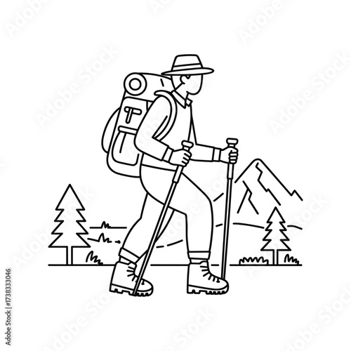 Line drawing of a hiker with a large backpack and trekking poles walking through mountains and trees