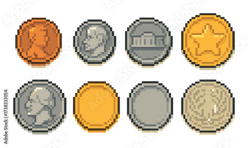 Pixel art coins set featuring diverse designs and colors
