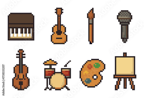 Pixel art icons of musical instruments and art tools on yellow background