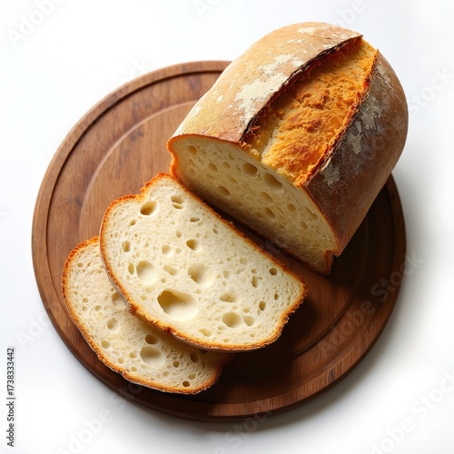 Loaf of sourdough bread sits on wooden board. Sliced crusty artisan bread. Healthy eating concept fresh baked loaf. Delicious homemade bakery product on table is ready for eat.