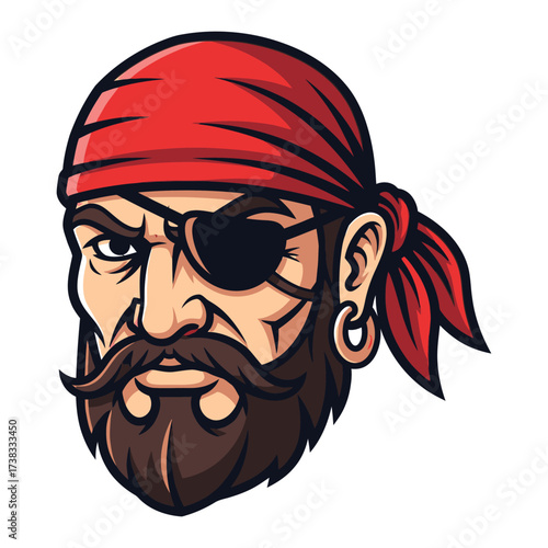 Cartoon Style Detailed Pirate Head with Red Bandana Mascot Illustration