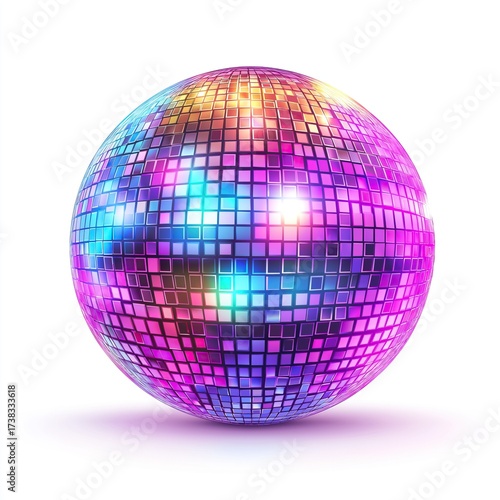 A vibrant disco ball with multicolored reflections isolated on a white background