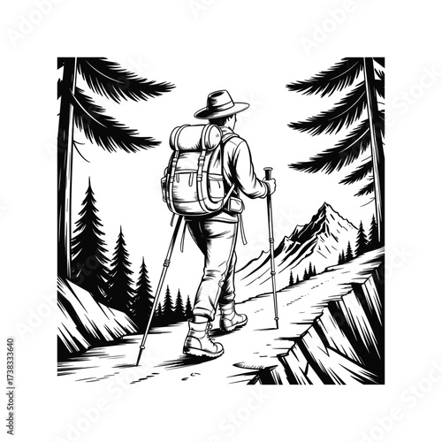 Man hiking up mountain trail scenic view trees rocks adventure outdoors