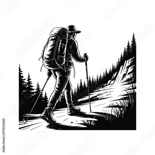 Adventurous hiker with backpack and poles ascends forest trail amidst pine trees and rocky terrain