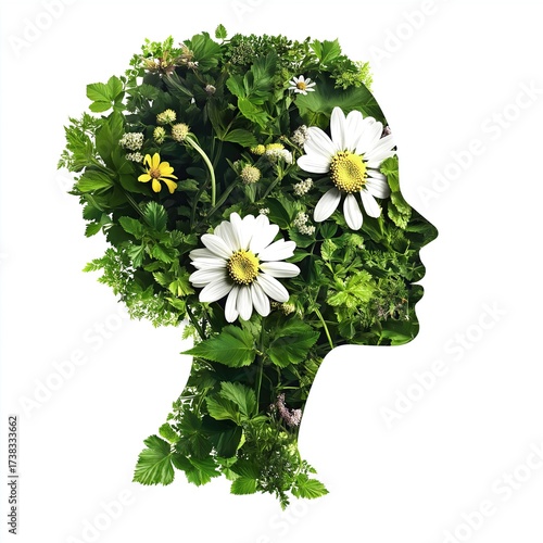 Silhouette of a human head filled with daisies and green leaves on white background