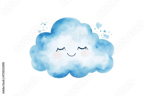 A cute happy watercolor cloud with closed eyes, heart shapes, and soft blue tones