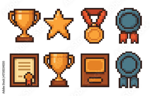 Pixel art trophies and medals: retro awards and achievements collection