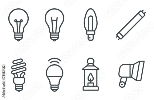 Variety of light bulb icons on dark background featuring eight different designs