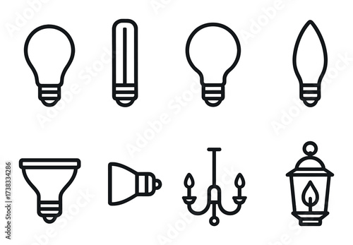 Various light bulb and fixture icons on dark background