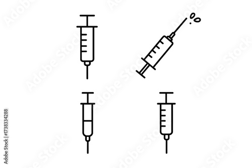 Syringe icons vector collection. Simple line art illustration for medical, health, and vaccination concepts. Injection, dose, and treatment symbols for clinic or hospital use.