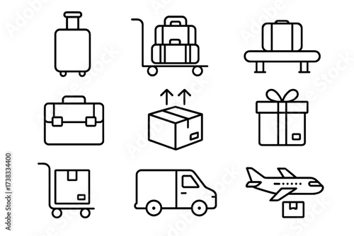 Logistics and delivery line icon set. Baggage, parcel transportation symbols for shipping. Vector airport luggage, travel suitcase, gift, and package icons. Editable stroke.