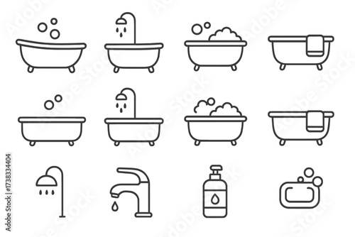 Bathtub icon set hygiene concept. Vector thin line symbols of bath, shower, bubbles, soap, faucet, towel. Bathroom wash pictogram collection. Editable stroke for web and apps.