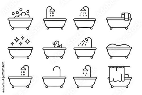 Bathtub thin line icon set. Bathroom and hygiene vector symbols. Editable stroke outline graphic collection with shower, foam, rubber duck, faucet, towel and curtain icons.