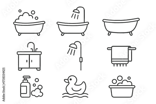 Bathroom line icon set. Bath, shower, sink, rubber duck elements. Vector symbols for hygiene, cleaning, plumbing. Editable stroke for web design, UI, app pictograms.