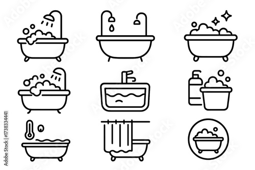 Bathroom line icons set. Bathtub, shower, sink, washbasin. Vector hygiene and cleaning symbols. Includes bubbles, foam, soap, and shower curtain. Editable stroke illustration.