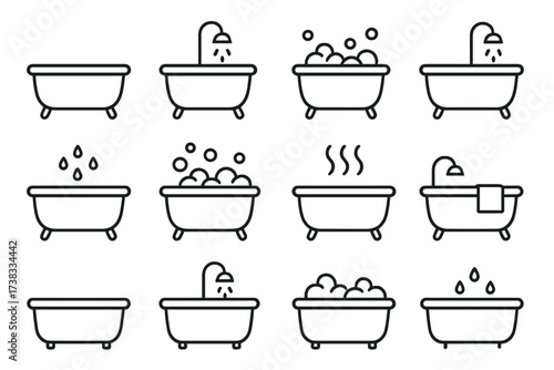 Bathtub line icon set. Simple bath outline vector collection. Bathroom elements with shower, water drops, bubbles, foam, steam. Editable stroke for hygiene and spa concepts.