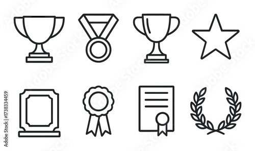 Outline icons of trophies, medals, and awards on metallic background