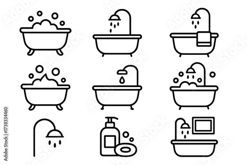 Bathtub line icon set vector. Bathroom and hygiene concept. Shower, tub with foam, bubbles, soap, water drop. Editable stroke symbols for web and apps. Clean and wash illustration.