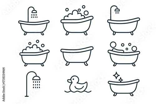 Bathtub line icon set vector illustration. Bath, shower, bubbles, foam, and rubber duck. Bathroom hygiene, clean, and relaxation concept. Editable stroke for web and apps.
