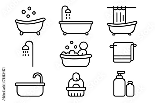 Bathtub line icon set. Bathroom hygiene and personal care symbols. Vector collection of outline pictograms: shower, soap, towel, bubbles. Editable stroke for web, UI, UX design.