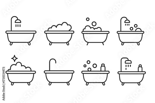 Bathtub and shower thin line icon set. Vector collection of bathroom symbols like bubble bath, foam, and soap. Editable stroke pictograms for web and apps. Hygiene concept.