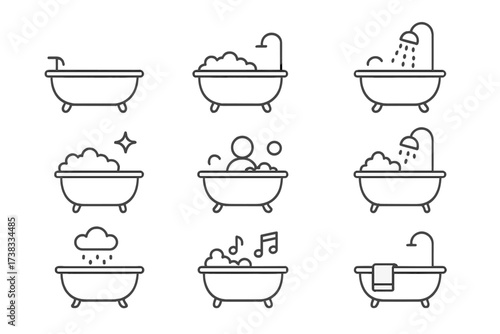 Bathtub and shower thin line icon set. Vector symbols for bathroom, hygiene, spa, relaxation. Includes bubbles, washing, cleaning concepts. Simple editable stroke outline icons.