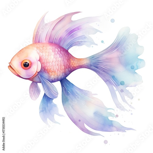 A graceful watercolor fish in shades of lilac and blue with flowing fins against a white background