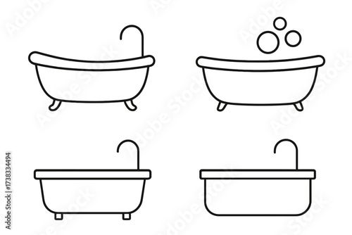 Bathtub thin line icon set vector collection. Bathroom outline symbols for web, mobile apps. Editable stroke design. Classic clawfoot and modern tub illustration with bubbles.
