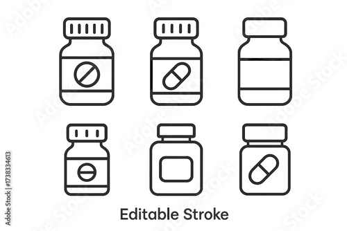 Pill bottle icon set. Medicine, drug, vitamin container. Pharmacy, healthcare concept. Editable stroke linear outline symbols for medical web, app, ui, ux, infographic design.