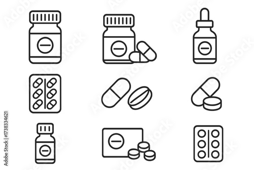 Medicine icon set vector illustration. Pharmacy, drug, pills, and capsules line icons. Medical bottle, tablet, and blister pack symbols for UI, web, and apps. Editable stroke.