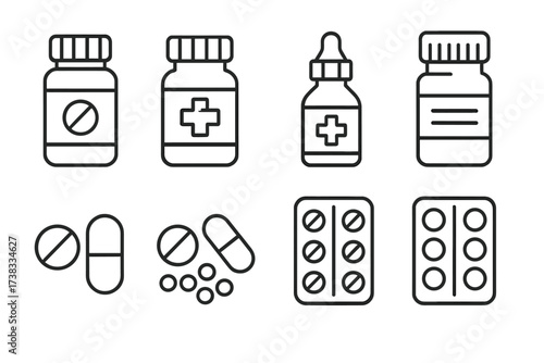 Medical icon set of medicine bottles, pills, capsules, and blister packs. Pharmacy and healthcare line icons for drugs, vitamins, and treatment. Editable stroke vector illustration.