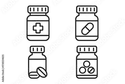 Medicine bottle line icon set. Pharmacy, healthcare and medical symbols. Pills, capsules, and drug container vector illustration. Editable stroke for web and app design.