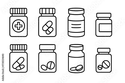 Pill bottle and medicine container line icon set. Vector illustration of pharmacy and healthcare symbols. Prescription drugs, capsules, and tablets for medical treatment concept.