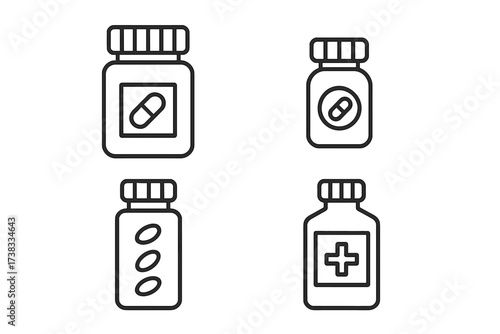 Pill bottle icon set with meds. Thin line art of medical drug container, prescription capsules, tablets. Pharmacy and healthcare concept symbols. Vector with editable stroke.