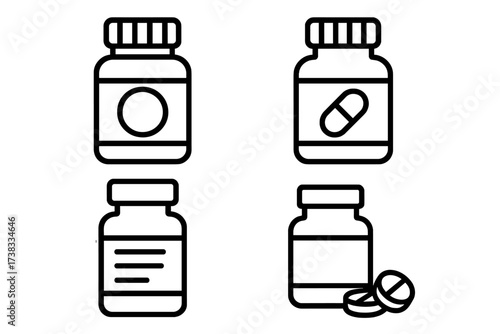 Medical icon set with pill bottles, tablets, capsules. Simple outline vector for pharmacy, supplements, vitamins. Healthcare medication drug concept. Editable stroke line art.
