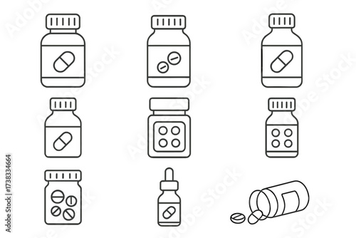 Medicine bottle and pills icon set. Line art vector illustration of medication, capsules, tablets, and containers for pharmacy, healthcare, and supplements. Editable stroke.