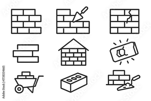 Brickwork thin line icons bundle. Masonry construction concept. Building wall, house, repair. Bricklayer tool, trowel, wheelbarrow. Vector editable stroke illustrations set.