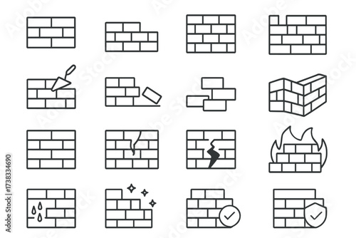 Brick wall line icon set. Construction, building, and masonry concepts. Includes demolish, repair, damage, protection, and firewall. Editable stroke vector illustration for web.